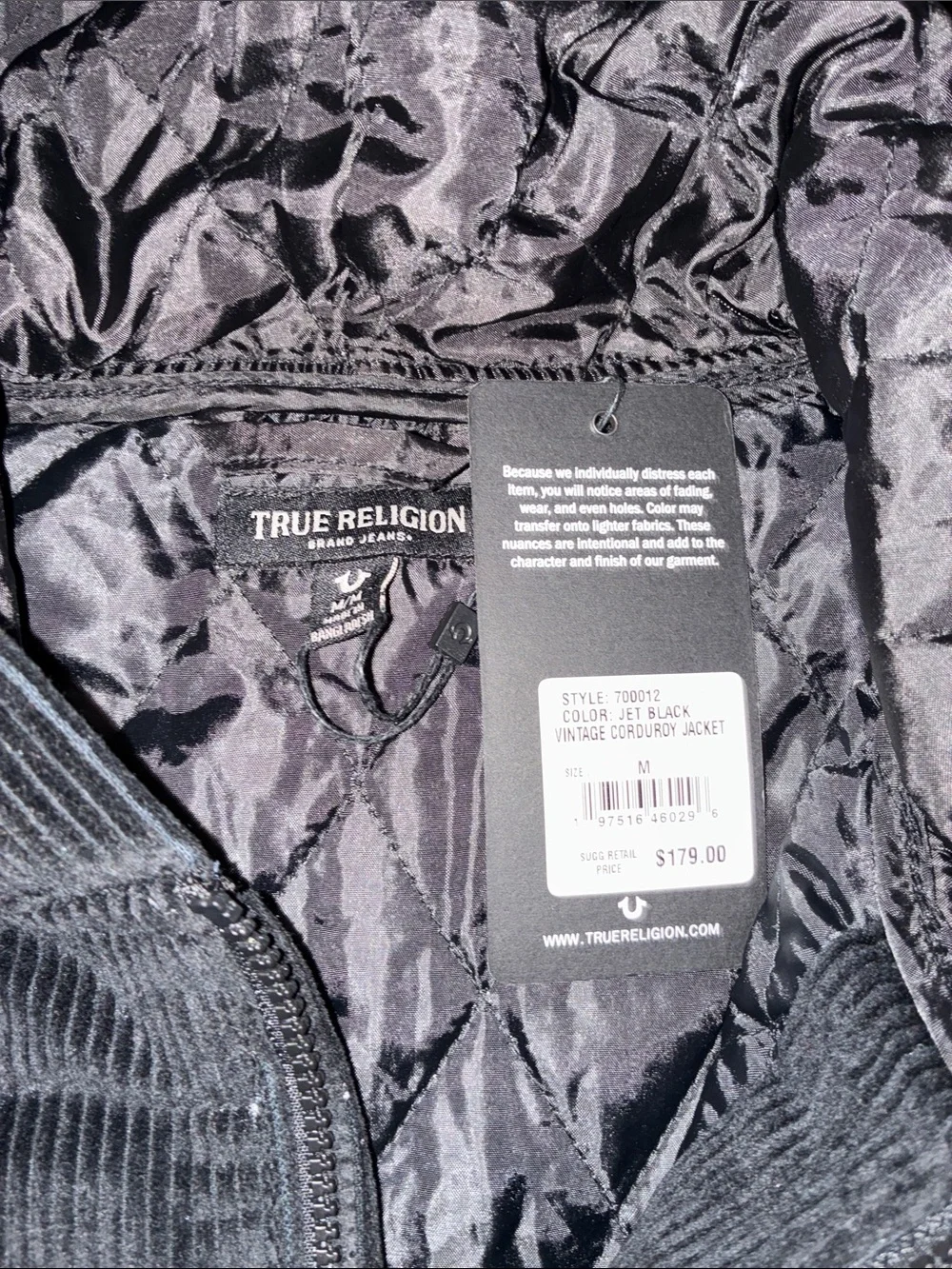 True Religion Black Hooded Corduroy Zip-Up Jacket